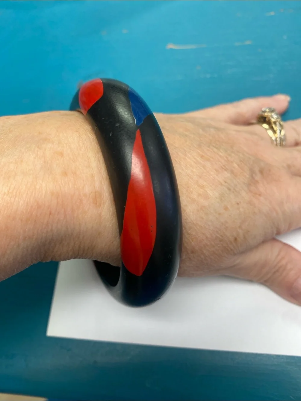 Vintage Black Resin Bangle Bracelet with Red and Blue Inlay